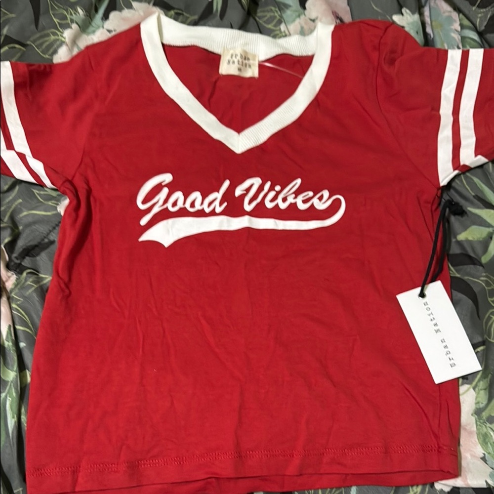 Red V-Neck T-Shirt with White Trim